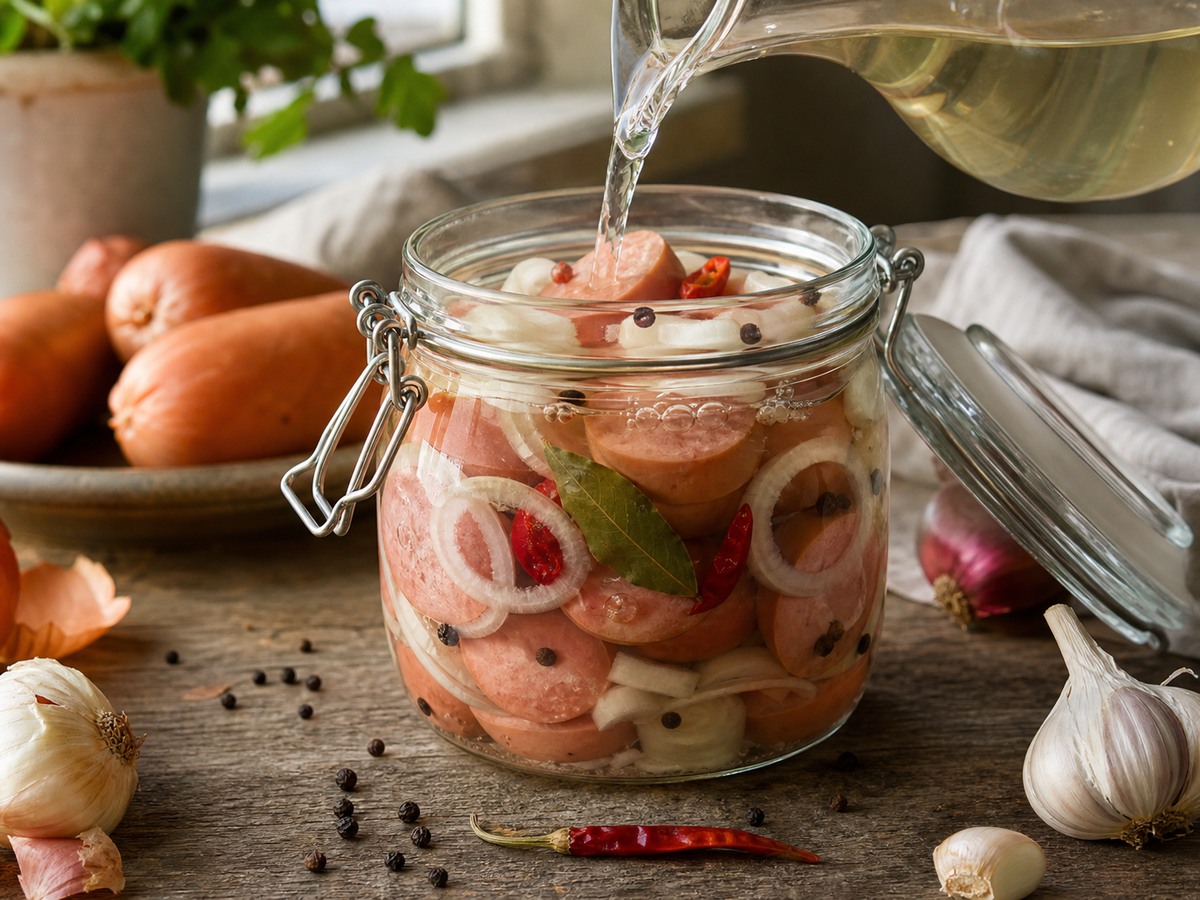 Vrstvení špekáčků, cibule a koření do sklenice na utopence