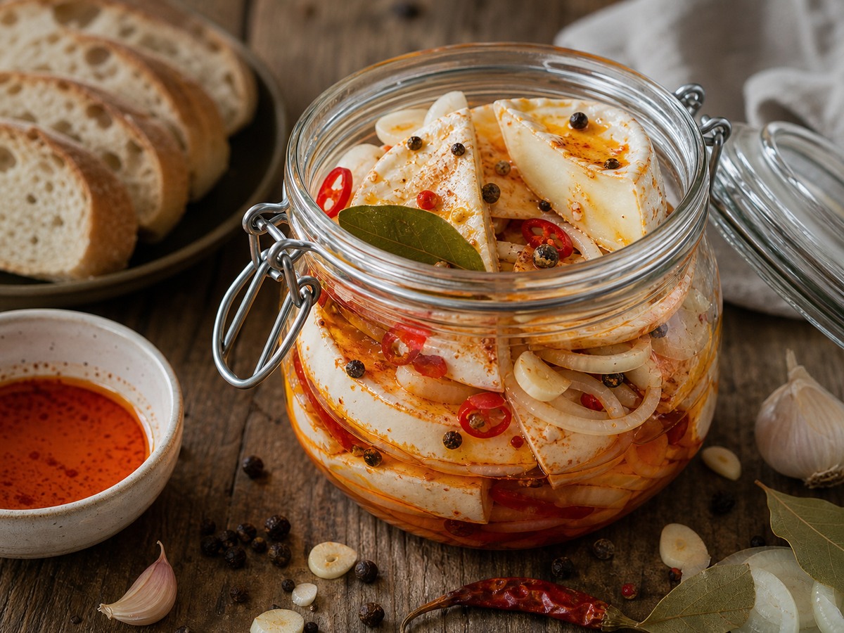Vrstvení hermelínu, cibule, česneku, chilli a koření do sklenice