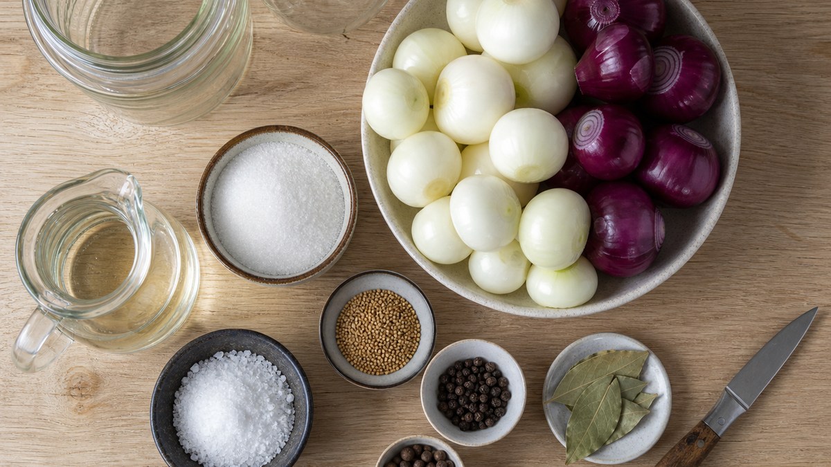 Suroviny na nakládané cibulky: cibule, ocet, cukr, sůl, hořčičné semínko, pepř a bobkový list