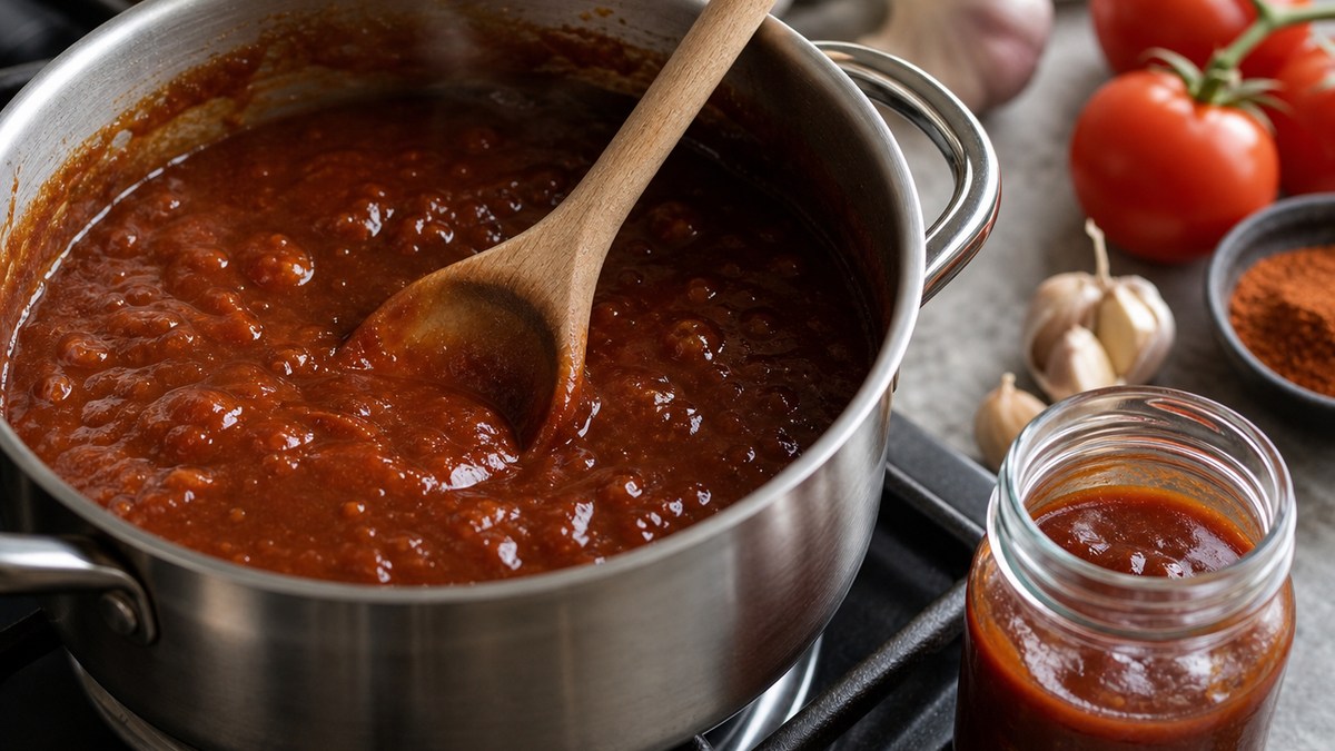 Vaření domácí BBQ omáčky v hrnci s dřevěnou lžící