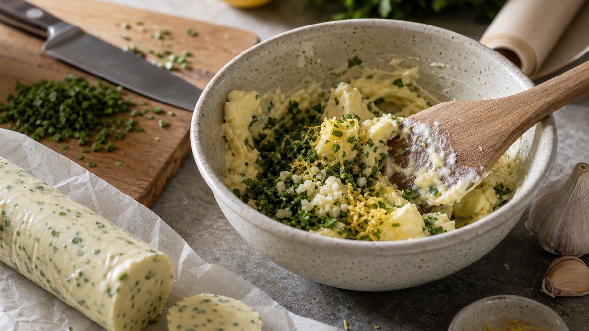 Míchání změklého másla s česnekem, bylinkami a citronovou kůrou