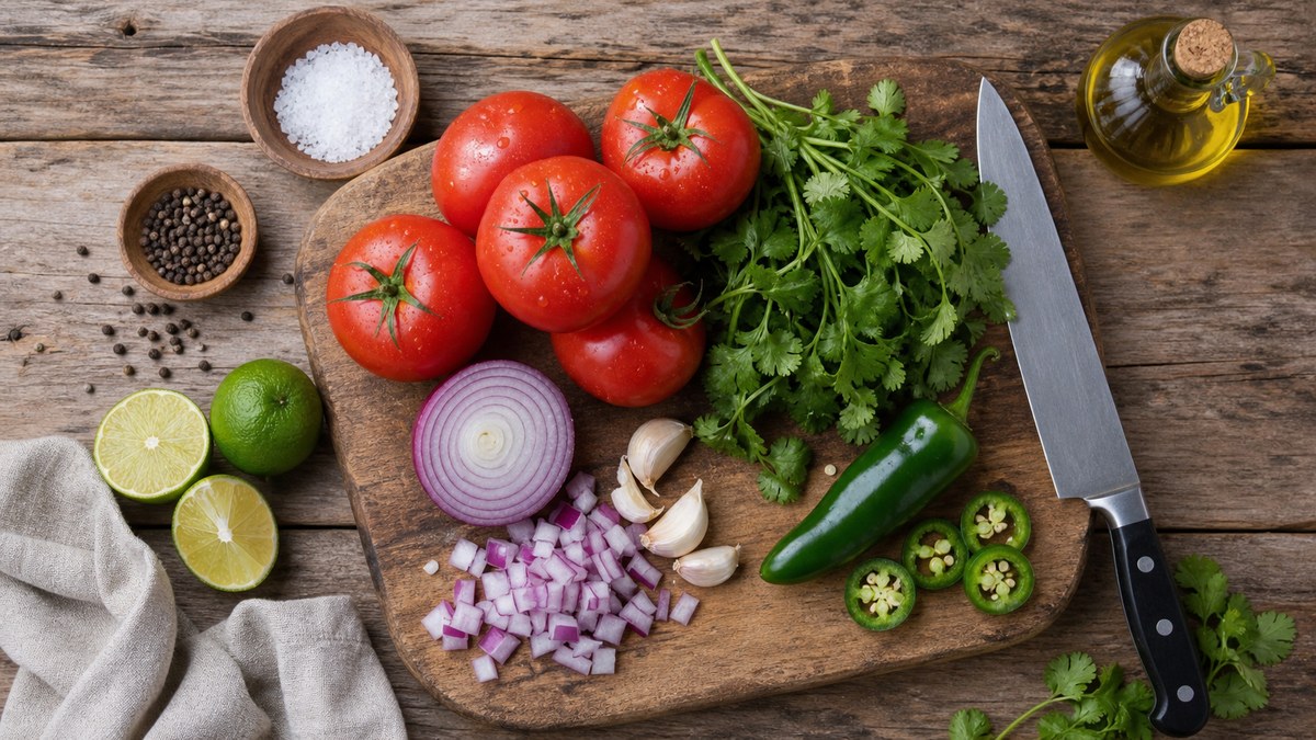 Suroviny na domácí rajčatovou salsu: rajčata, červená cibule, limeta, koriandr, jalapeňo, česnek, sůl a pepř