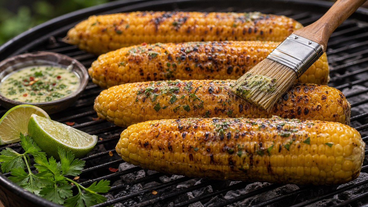 Kukuřice na grilu potíraná bylinkovým máslem s limetou a chilli