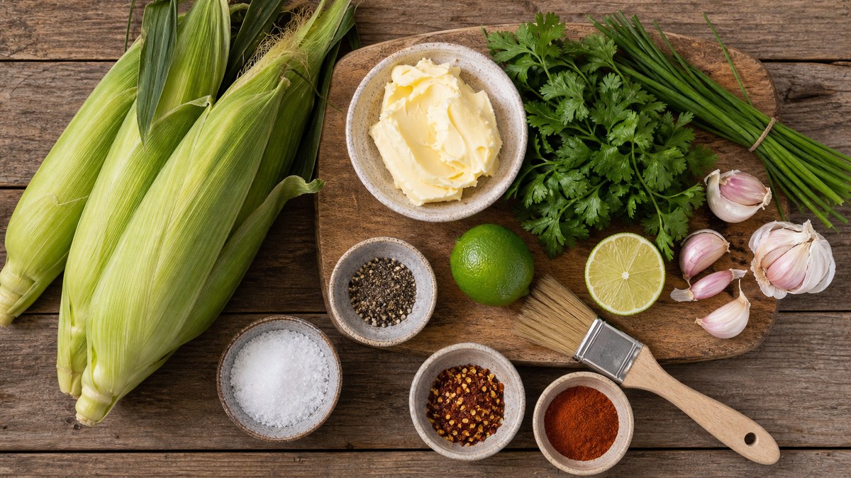 Suroviny na grilovanou kukuřici s bylinkovým máslem: kukuřice, máslo, bylinky, limeta, česnek, chilli, sůl a pepř