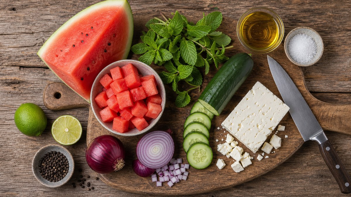 Suroviny na melounový salát: meloun, feta, okurka, červená cibule, máta, limeta, olivový olej, sůl a pepř