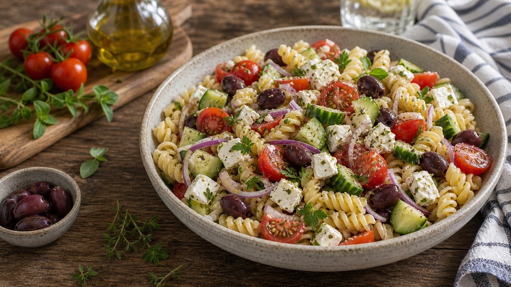 Řecký těstovinový salát: feta, olivy, okurka a letní zálivka