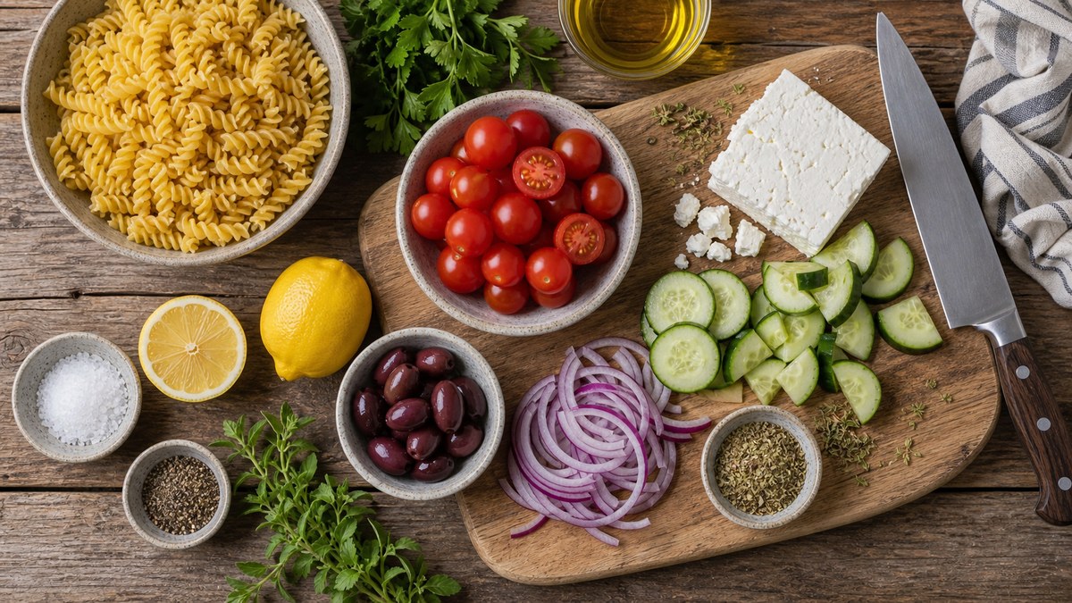 Suroviny na řecký těstovinový salát: fusilli, rajčata, okurka, feta, olivy, červená cibule, citron, oregano a olivový olej