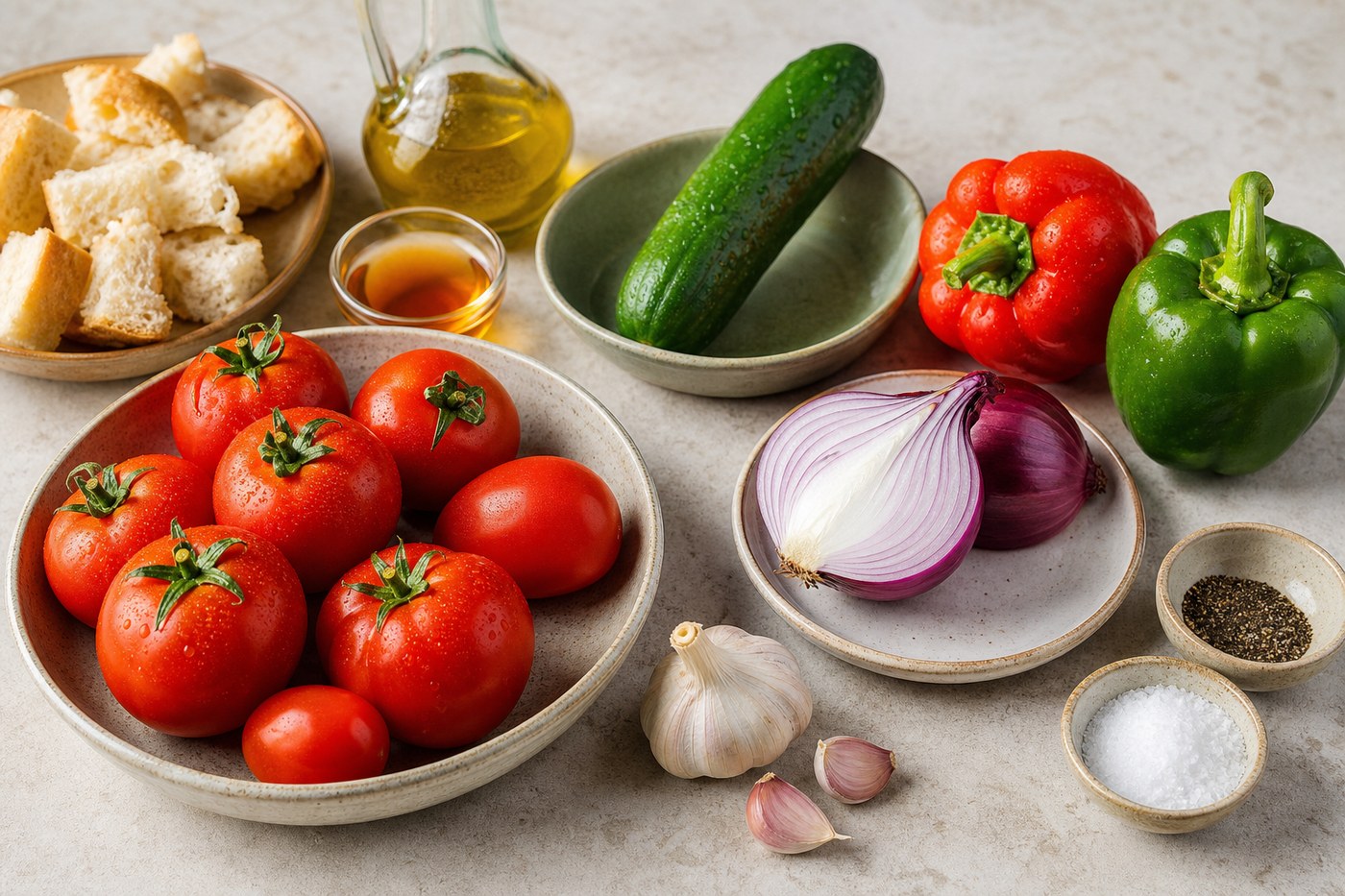 Suroviny na gazpacho: rajčata, okurka, papriky, cibule, česnek, pečivo, olivový olej, ocet, sůl a pepř