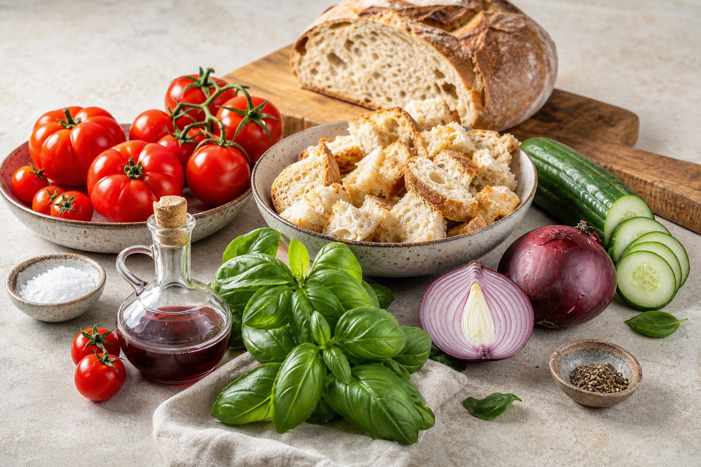 Suroviny na panzanellu: rajčata, chléb, okurka, červená cibule, bazalka, olivový olej, ocet, sůl a pepř