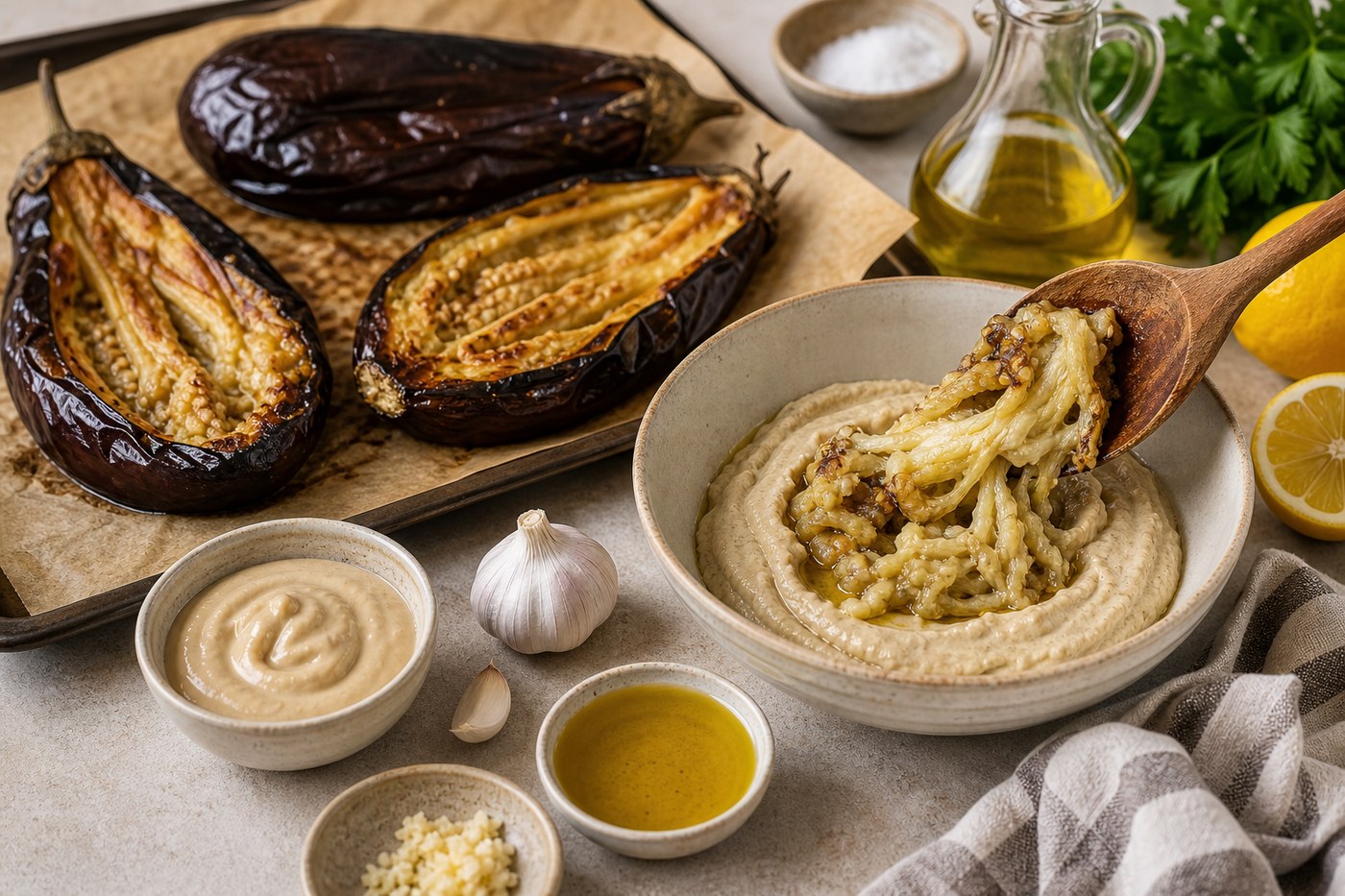 Pečený lilek a příprava baba ganoush s tahini, citronem, česnekem a olivovým olejem