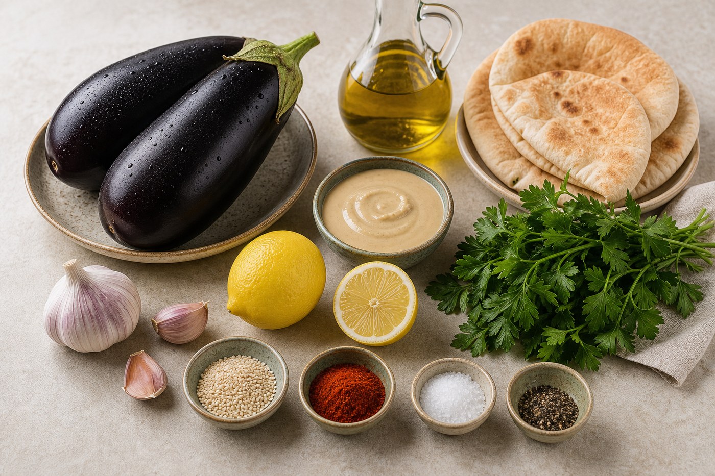 Suroviny na baba ganoush: lilek, tahini, citron, česnek, olivový olej, petrželka, sezam, paprika, sůl, pepř a pita chléb