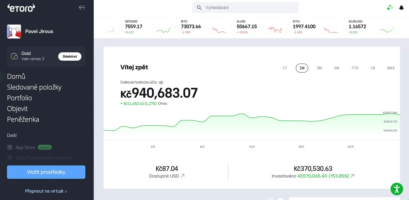 eToro portfolio — celkový přehled za poslední měsíc