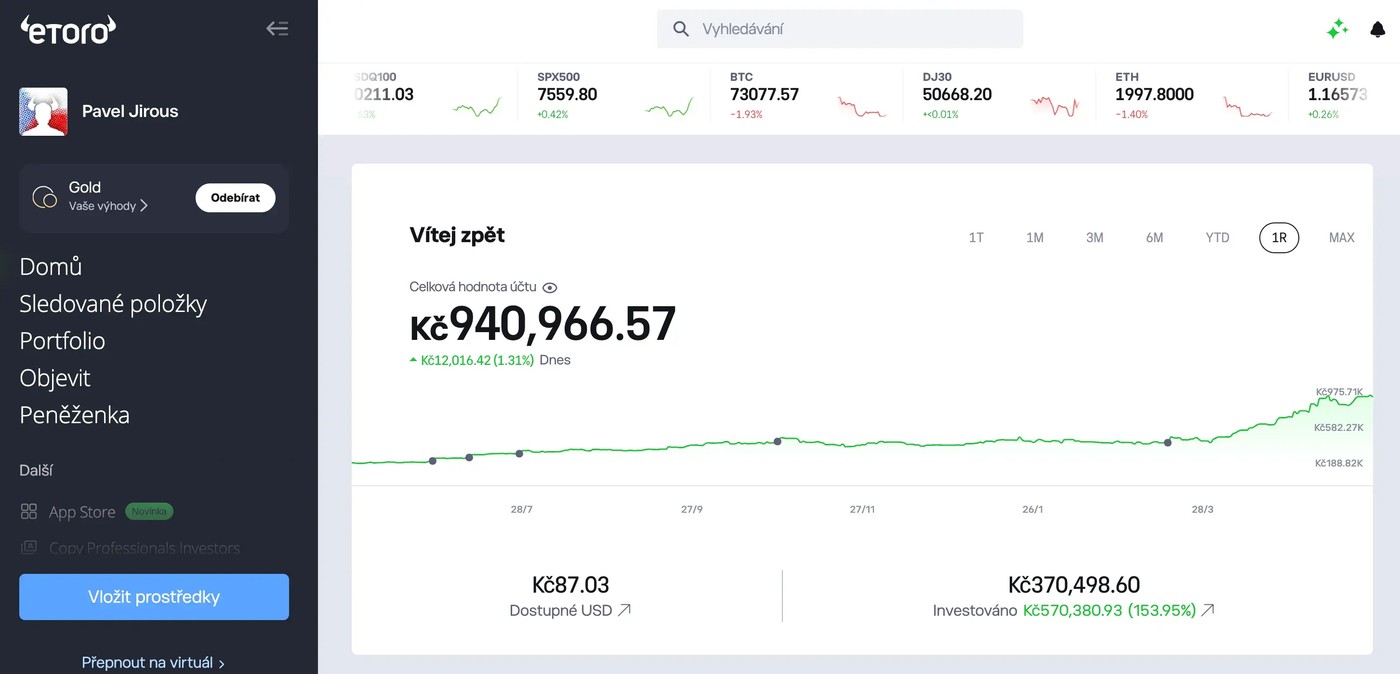 eToro portfolio — vývoj za poslední rok