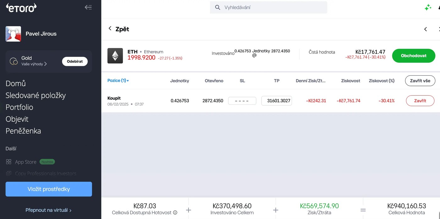 eToro — detail pozice Ethereum, ztráta -30,41 %