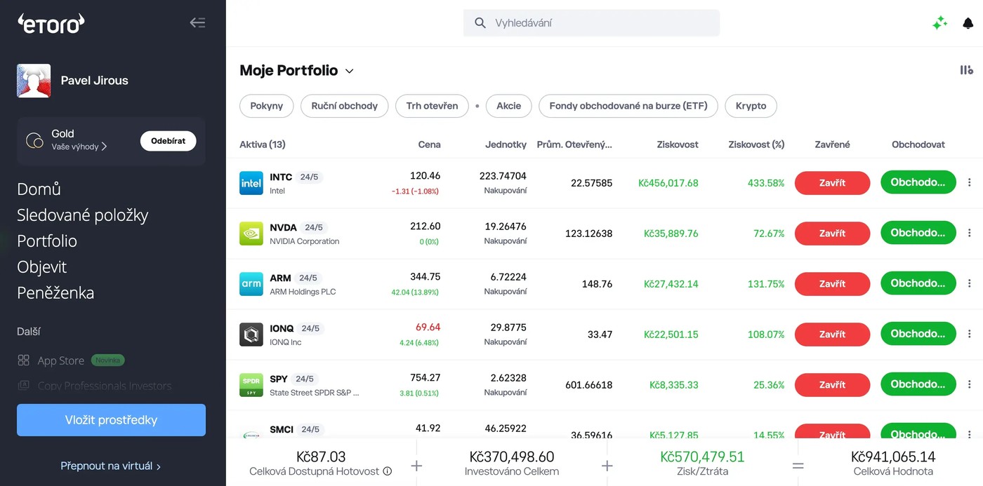 eToro — kompletní portfolio 13 pozic