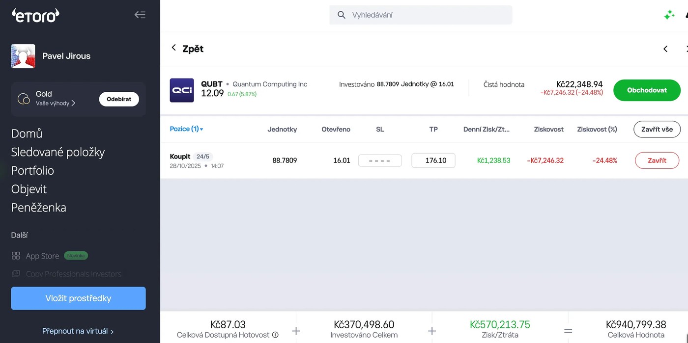 eToro — detail pozice QUBT, ztráta -24,48 %