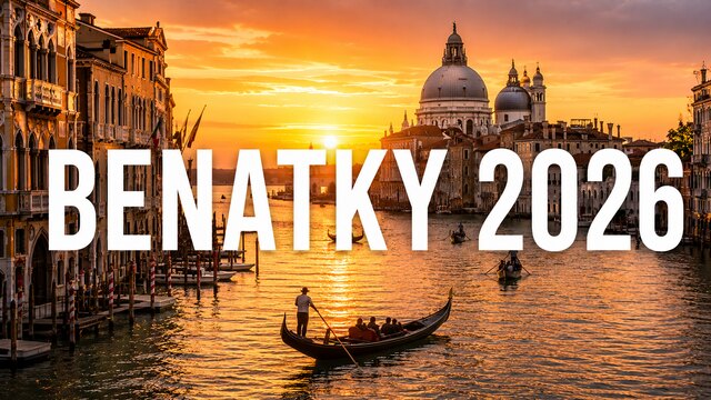 Canal Grande v Benátkách s gondolami při západu slunce