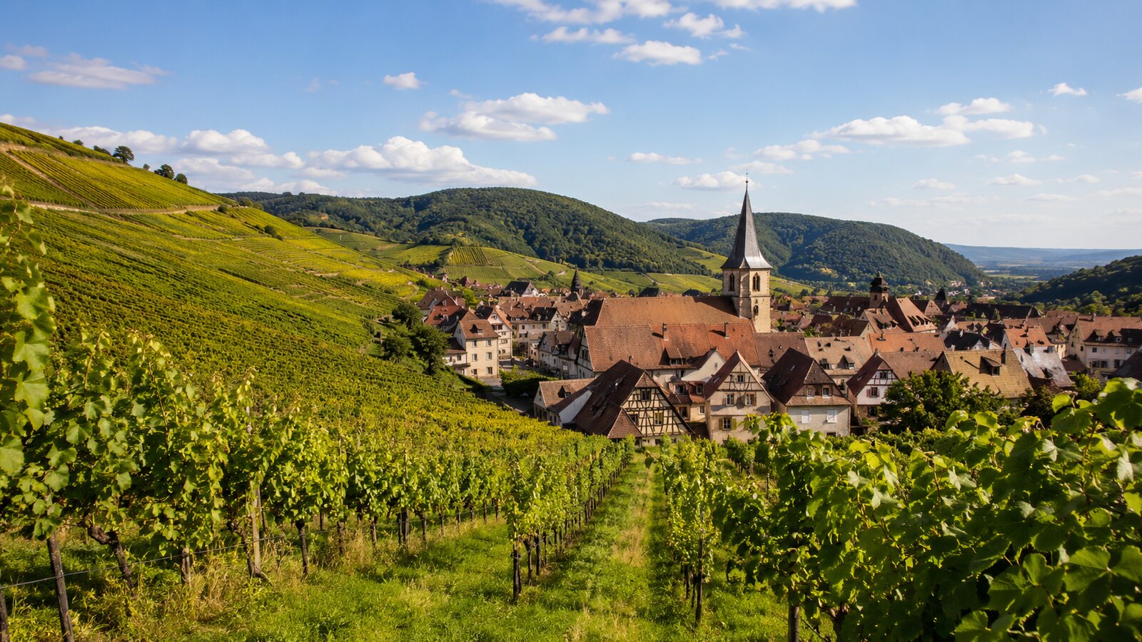 Vinice na alsaské vinné stezce s vesničkou a kostelní věží v pozadí