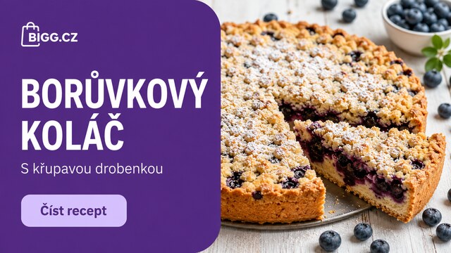Borůvkový koláč s drobenkou posypaný moučkovým cukrem