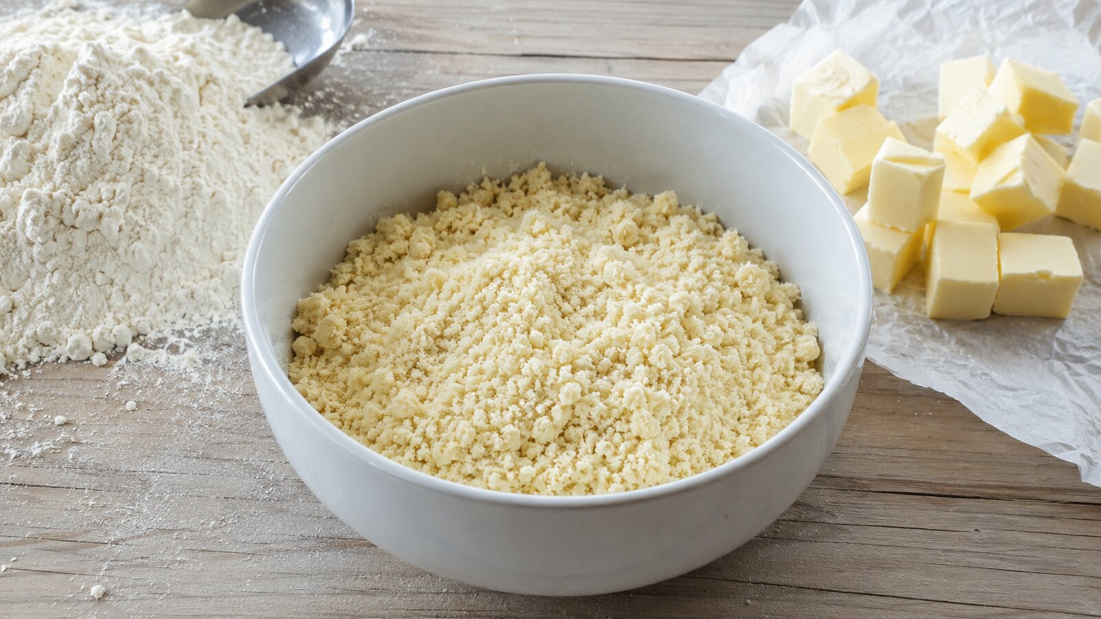 Příprava máslové drobenky na borůvkový koláč v míse