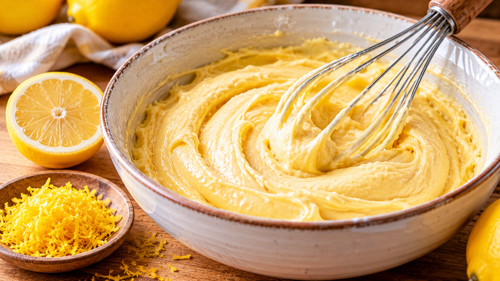 Těsto na citronovou bábovku v míse s citronovou kůrou
