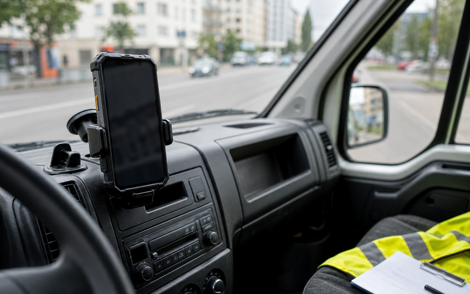 Odolný telefon v držáku pracovního auta
