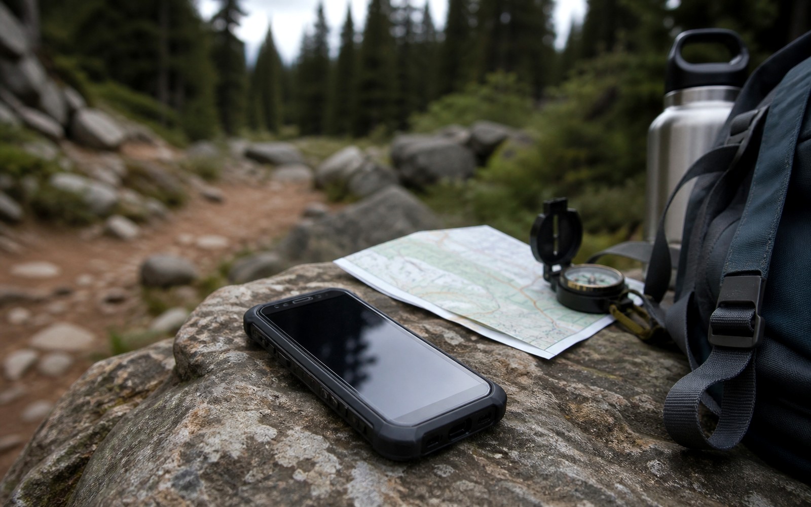 Odolný telefon na turistice vedle mapy a batohu