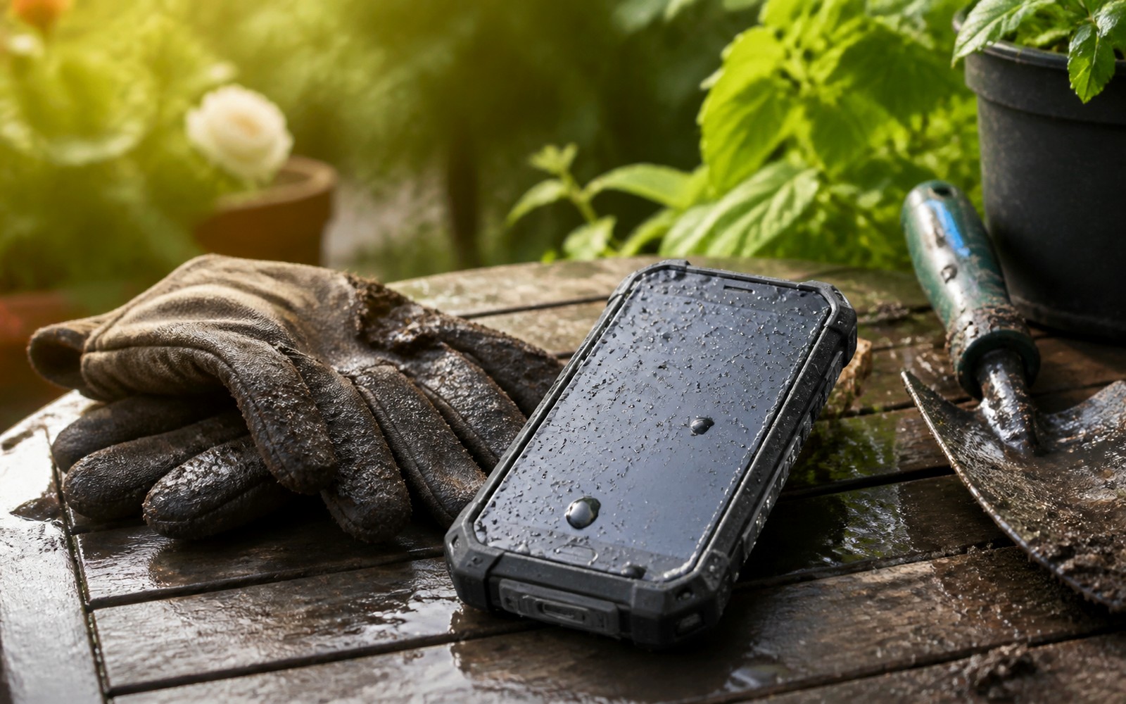 Odolný telefon s kapkami vody na zahradním stole