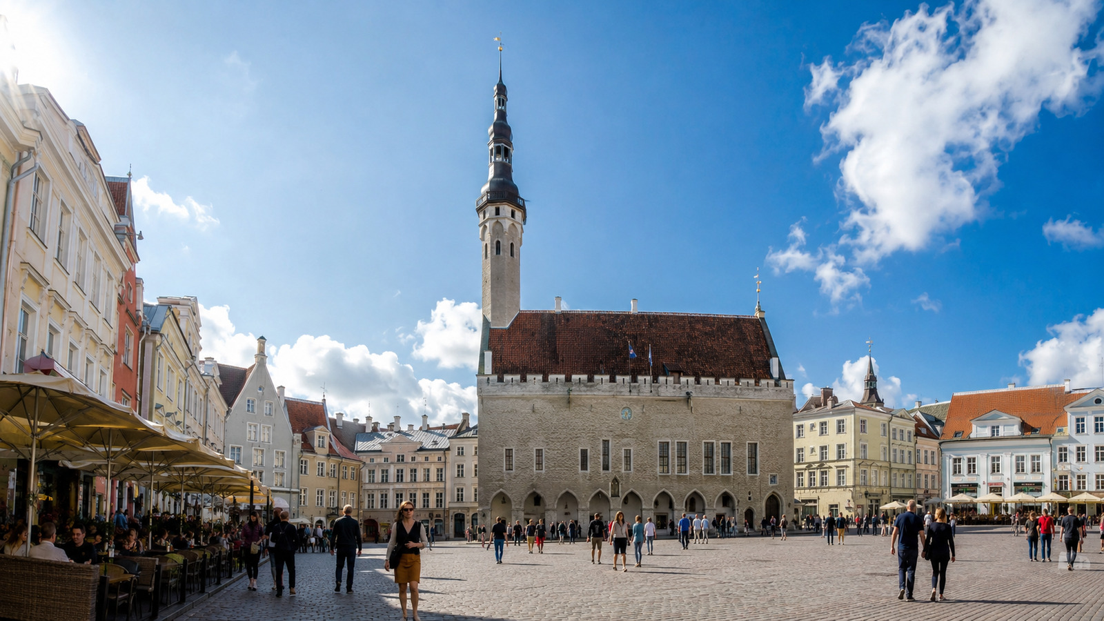 Středověké náměstí v Tallinnu s radnicí a barevnými domy