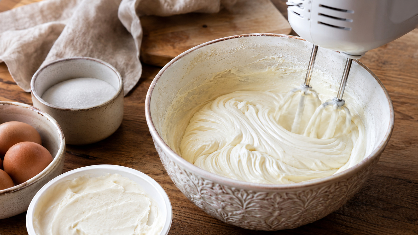 Šlehání krému z mascarpone v keramické míse