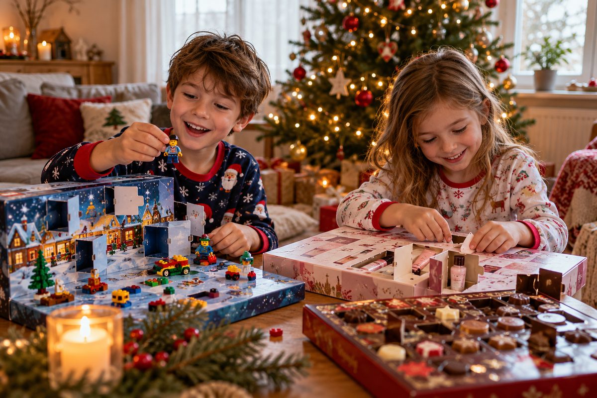 Dvě děti v pyžamu ráno otevírají okénka adventního kalendáře u vánočního stromečku