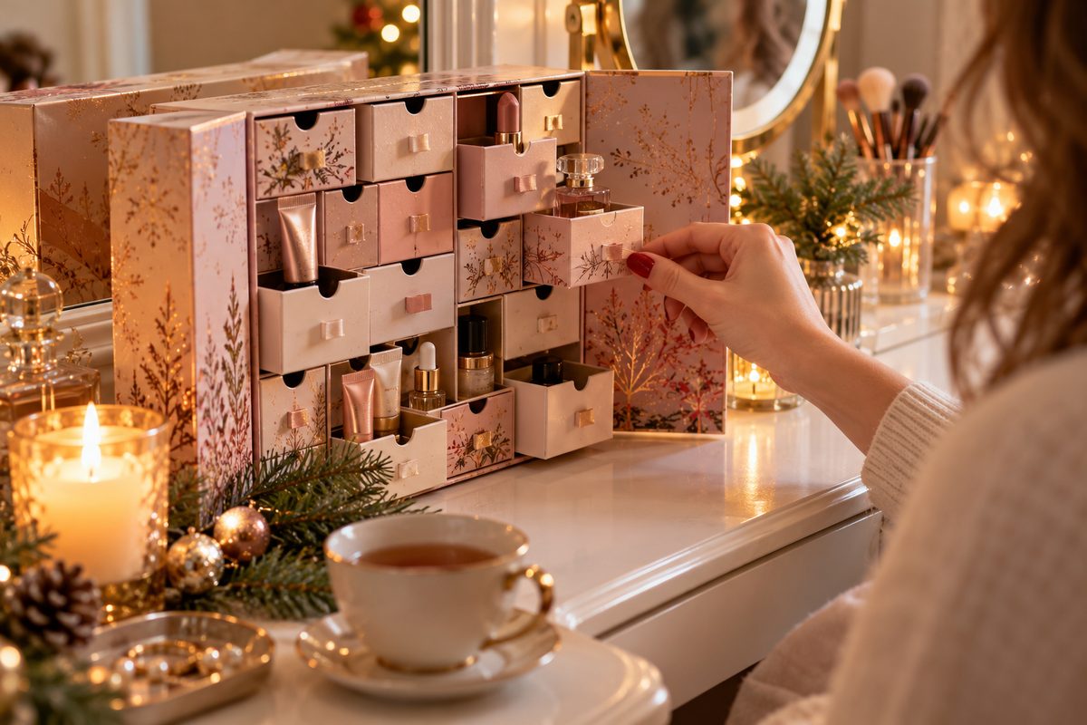 Otevřený kosmetický adventní kalendář s malými lahvičkami a krémy na toaletním stolku se svíčkou
