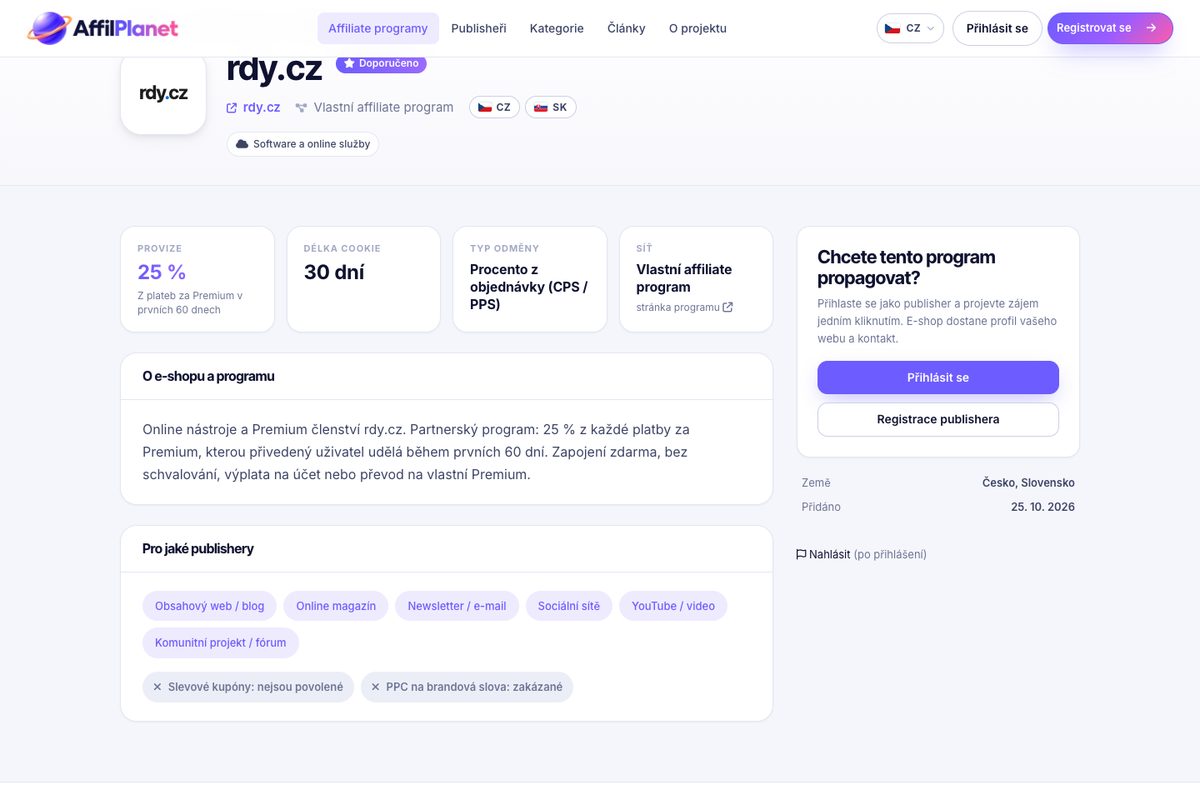 Detail affiliate programu rdy.cz na AffilPlanet.eu s provizí 25 %, cookie 30 dní a seznamem vítaných typů publisherů