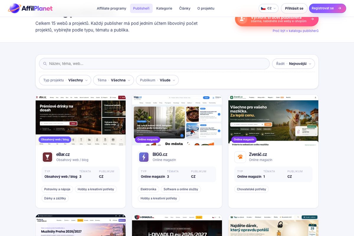 Katalog publisherů na AffilPlanet.eu s kartami webů eBar.cz, BIGG.cz a Zveráč.cz včetně typu projektu, témat a publika