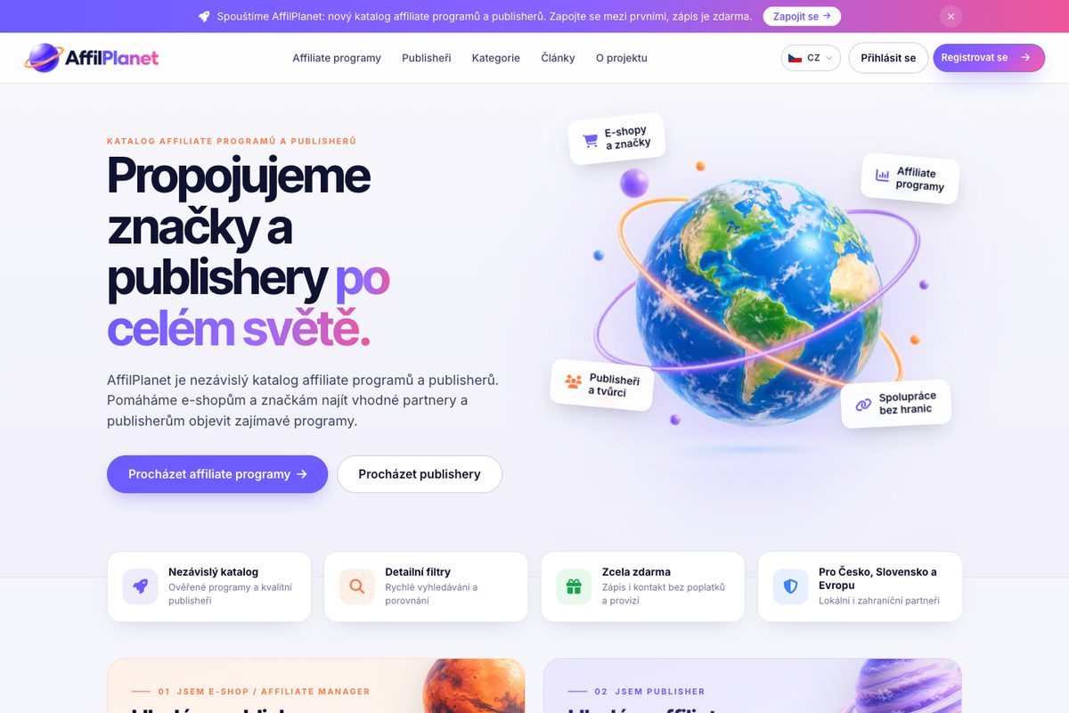 Úvodní stránka AffilPlanet.eu s nadpisem Propojujeme značky a publishery po celém světě a tlačítky pro procházení programů a publisherů