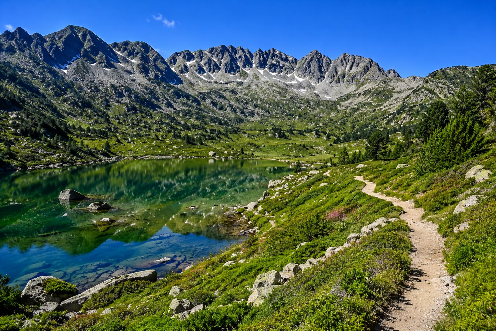 Horská krajina Andorry s pyrenejskými vrcholky a údolím
