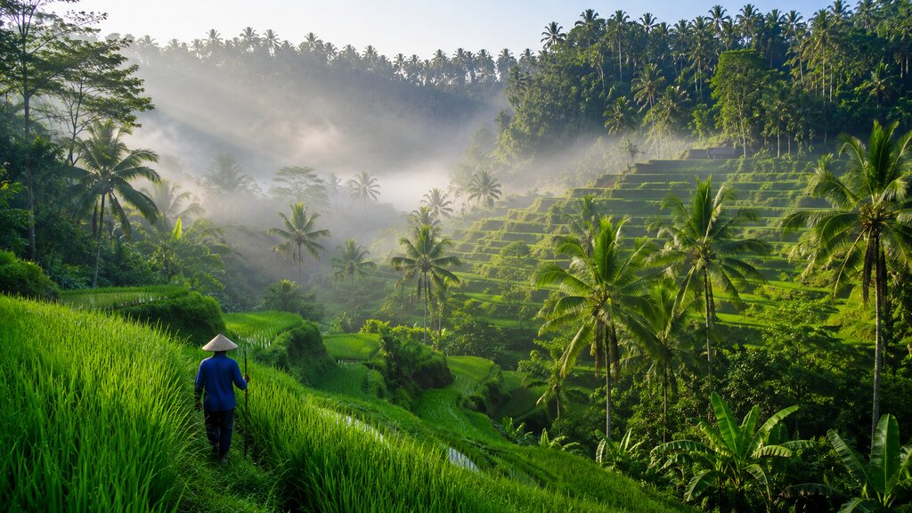 Zelené rýžové terasy Tegallalang u Ubudu na Bali