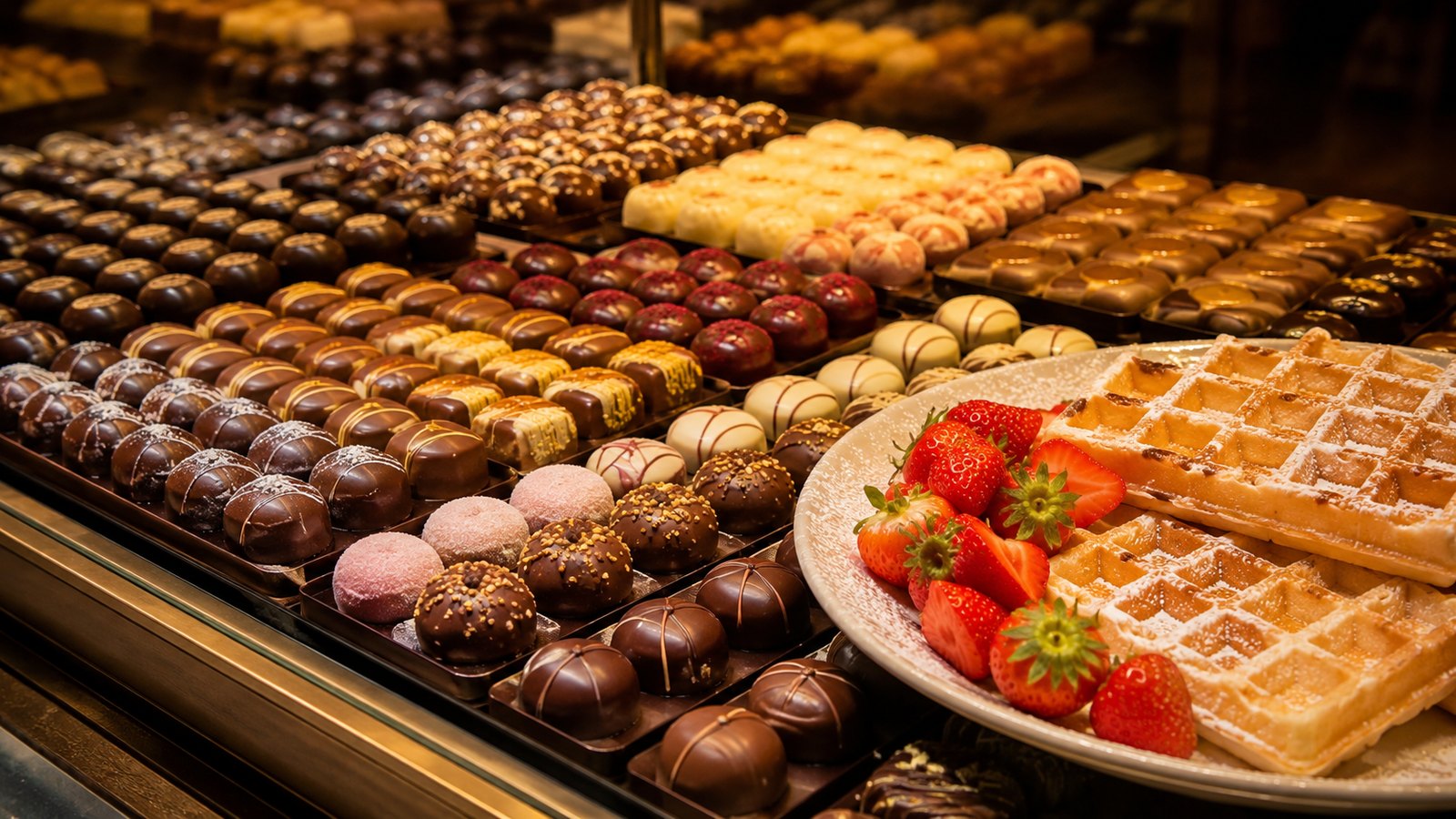 Belgické pralinky a čerstvé vafle ve výloze čokoládovny