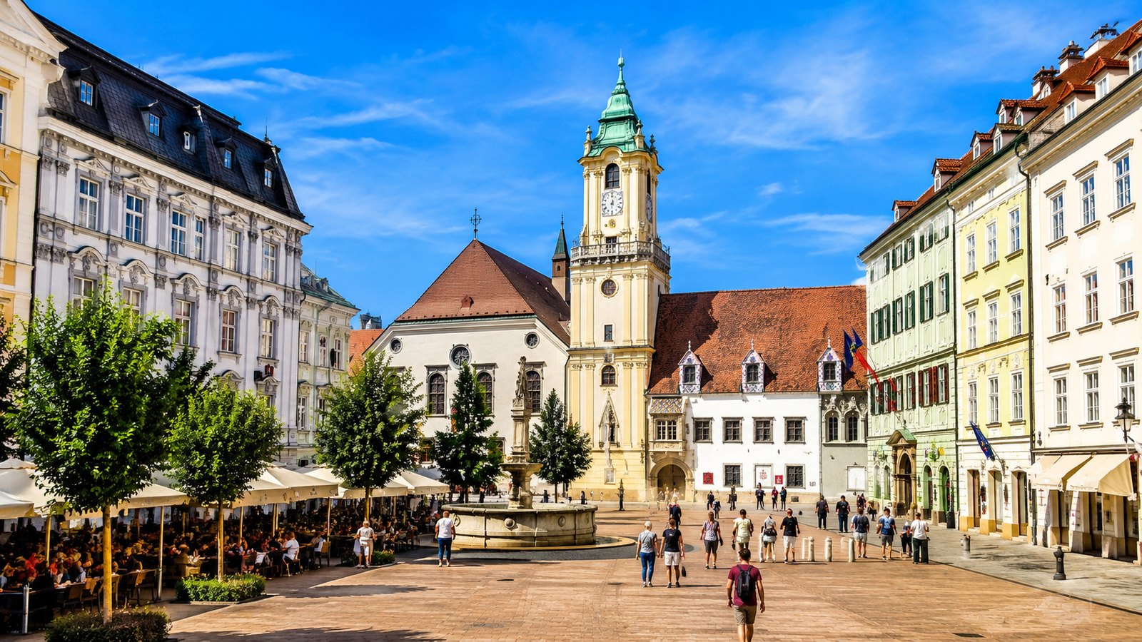 Hlavní náměstí ve starém městě Bratislavy s historickými domy