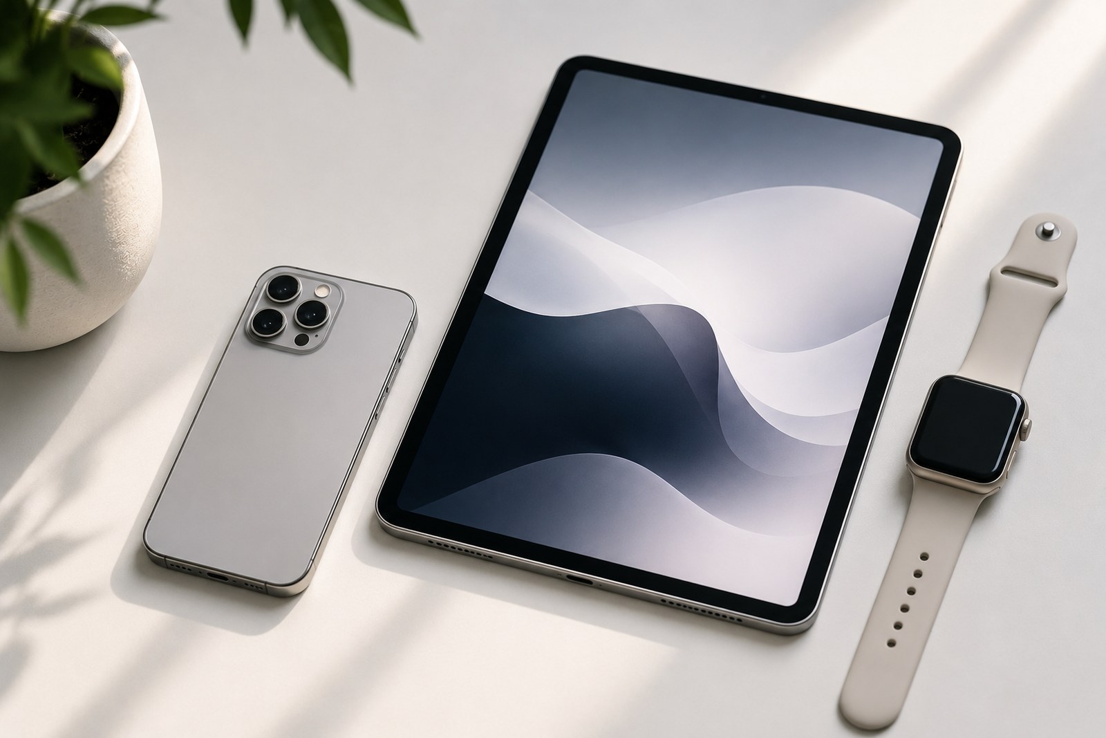 Apple iPhone, iPad a Apple Watch na světlém stole