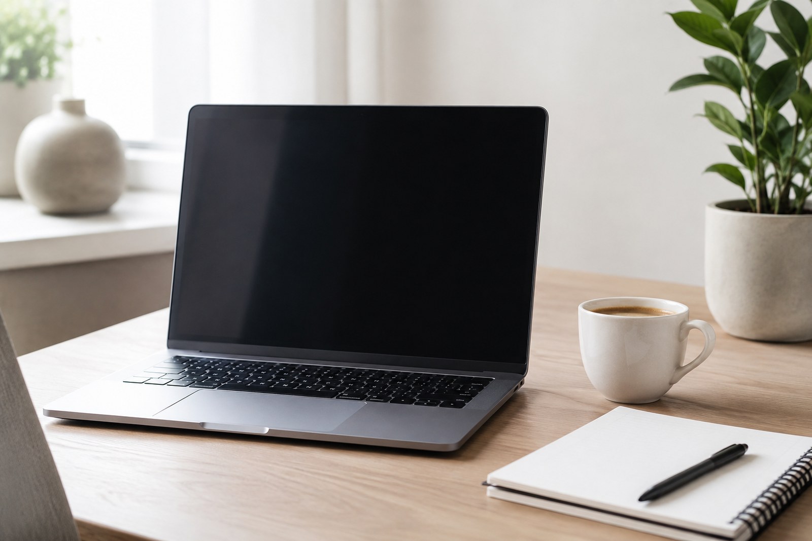 Moderní notebook na pracovním stole s kávou a sešitem