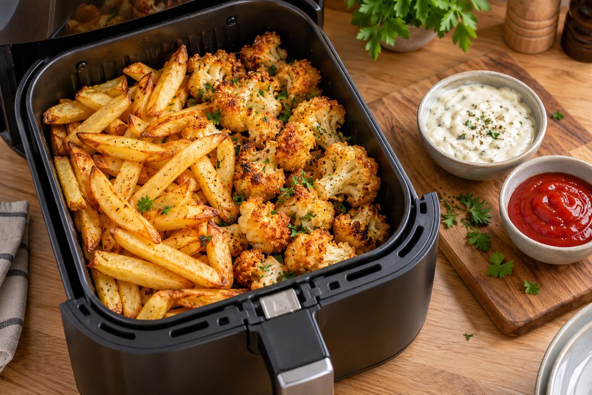 Pohled shora do koše horkovzdušné fritézy se zlatými hranolky a smaženým květákem, vedle tatarská omáčka a kečup