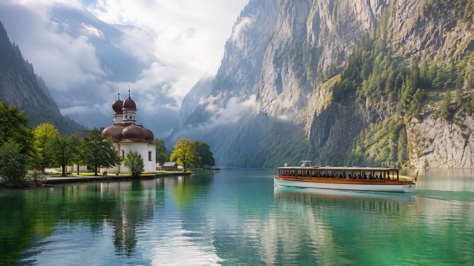 Jezero Königssee s poutním kostelíkem sv. Bartoloměje a výletní lodí