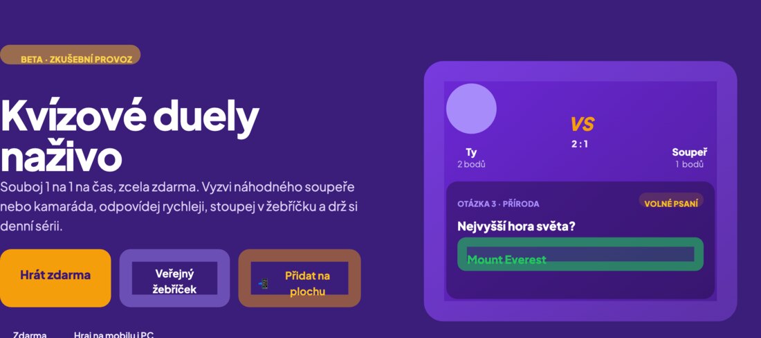 Úvodní obrazovka Kvízov.cz s ukázkou probíhajícího duelu