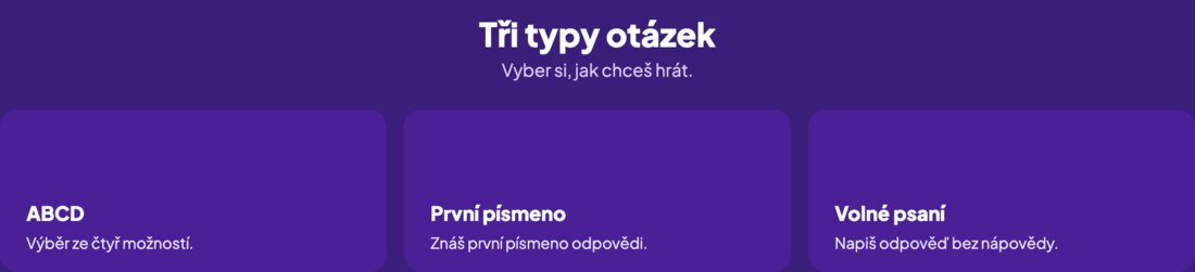 Tři typy otázek na Kvízov.cz — ABCD, první písmeno a volné psaní