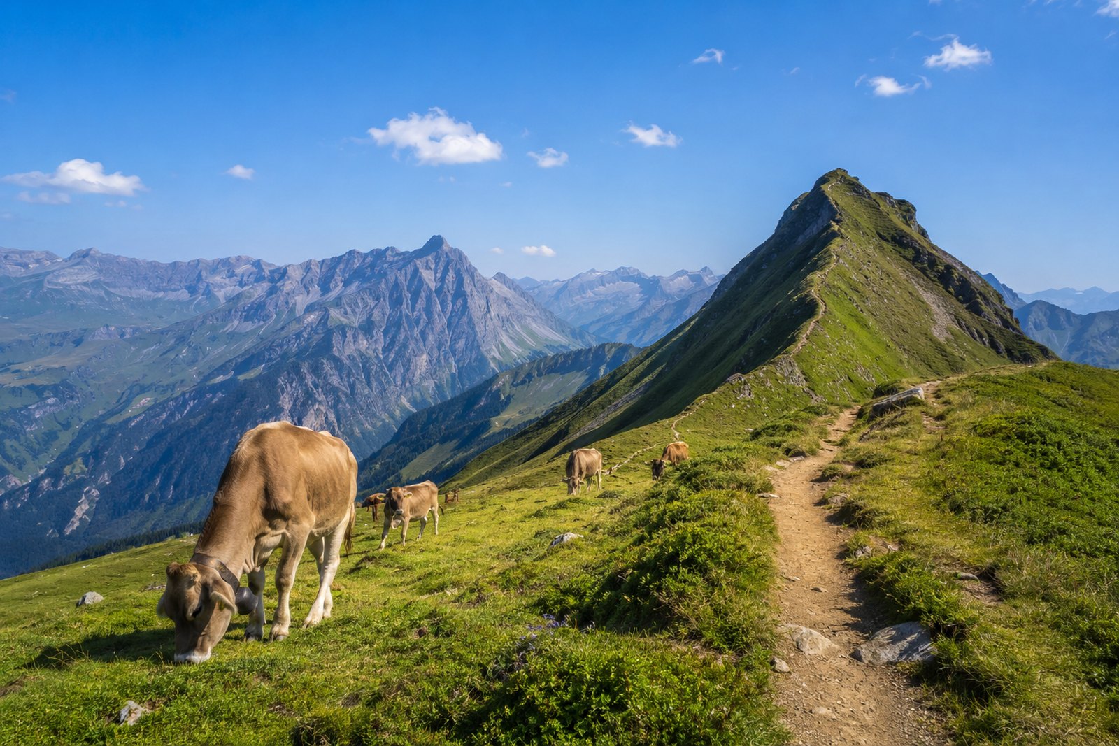 Alpská horská krajina Lichtenštejnska s loukami a vrcholky