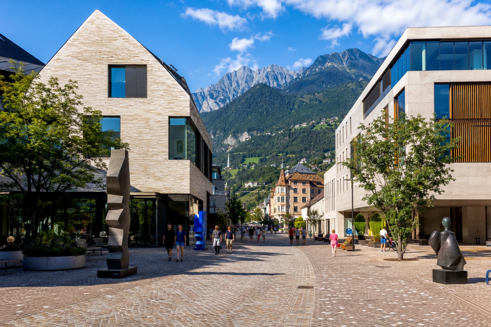Centrum Vaduzu s pěší zónou a moderními budovami muzeí