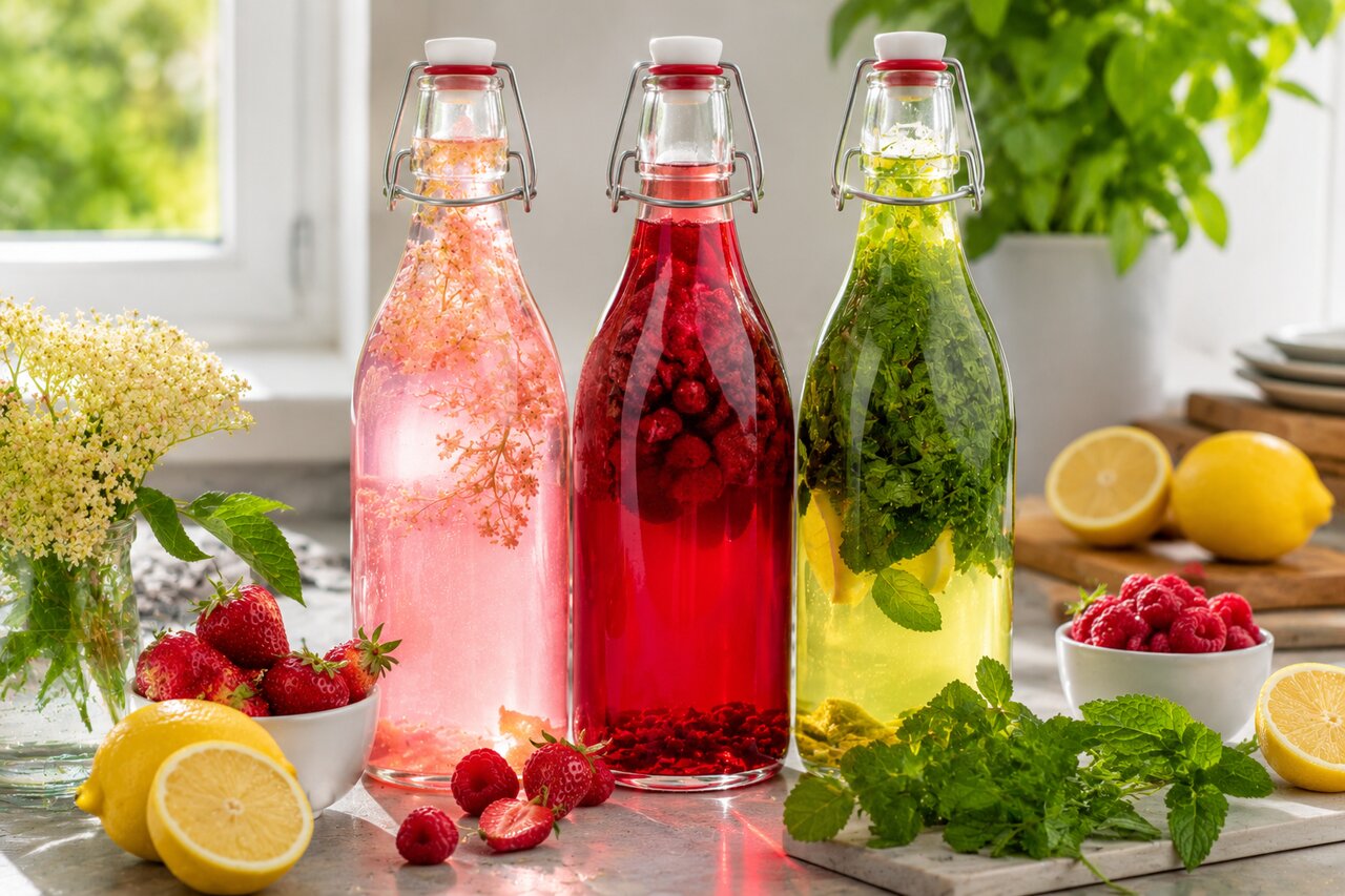 Domácí sirupy v lahvích vydrží v lednici týdny. Stačí zalít vodou a máte limonádu během chvíle.