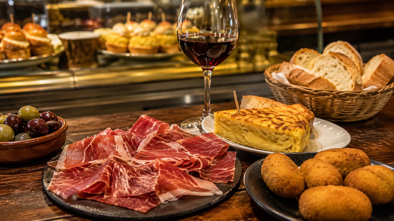 Tapas a španělské speciality na baru v Madridu