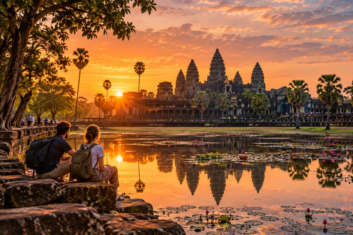 Chrám Angkor Wat v Kambodži při východu slunce